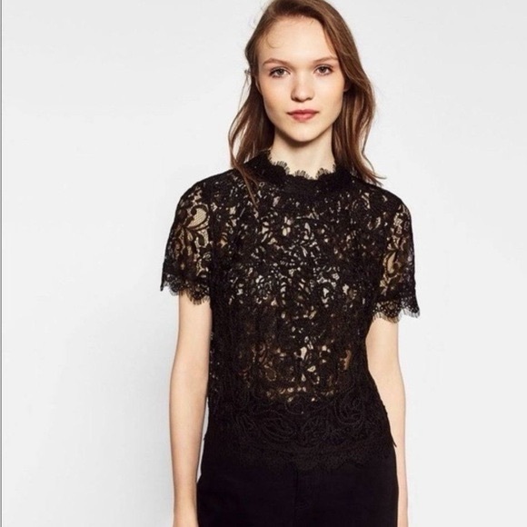 ZARA Floral Lace Black Short Sleeve Top - Picture 2 of 16